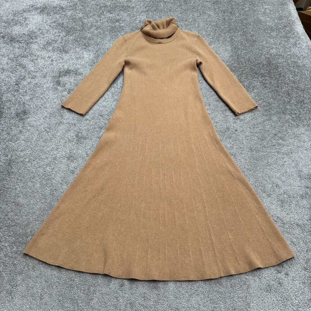 Saks Fifth Avenue Turtleneck A-Line Midi Sweater Dress Womens Small Camel Brown
